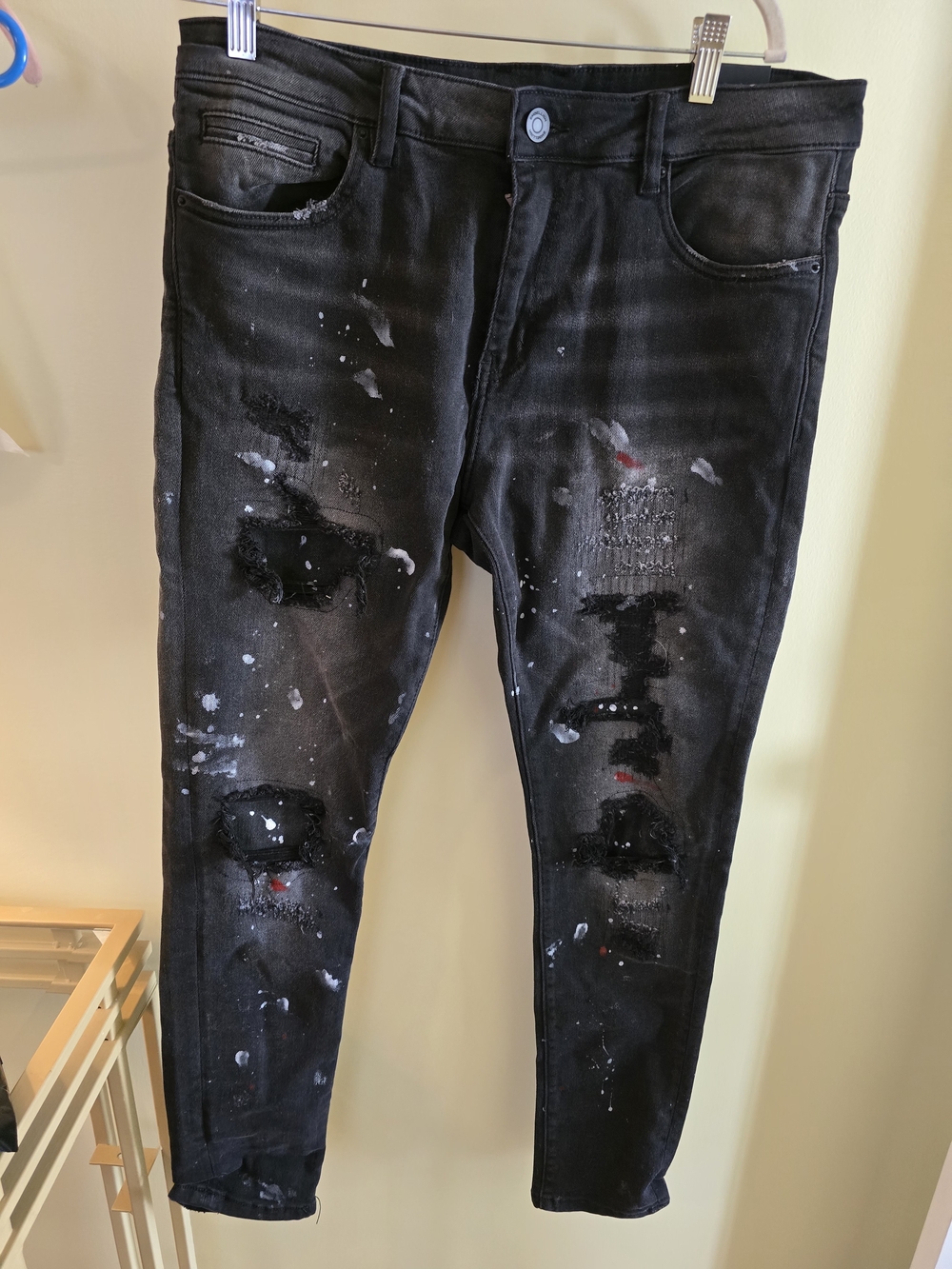 Slim Fit Black Distressed Paint-Splatter Skinny Jeans